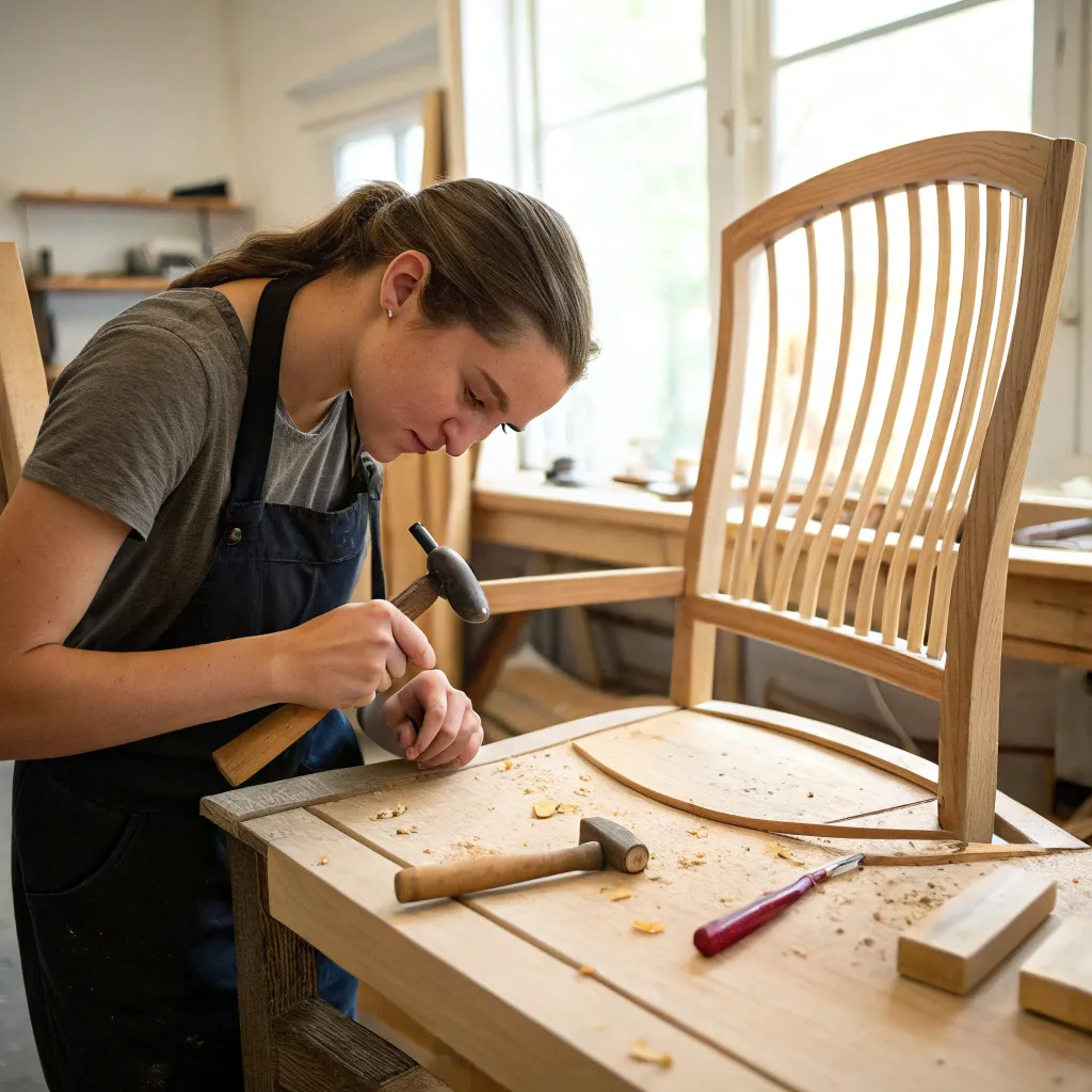 Jenna crafting a wooden chair