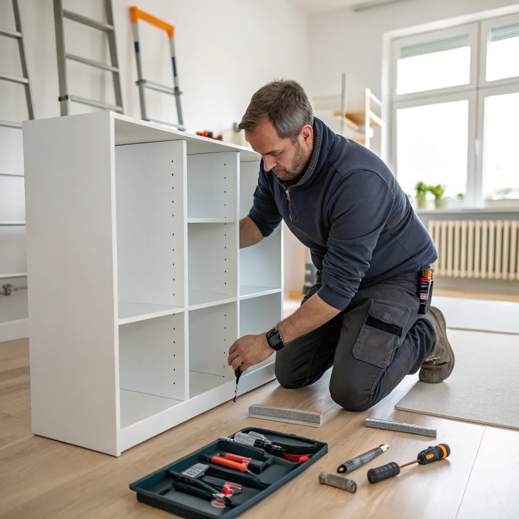 Michael assembling a modern bookshelf