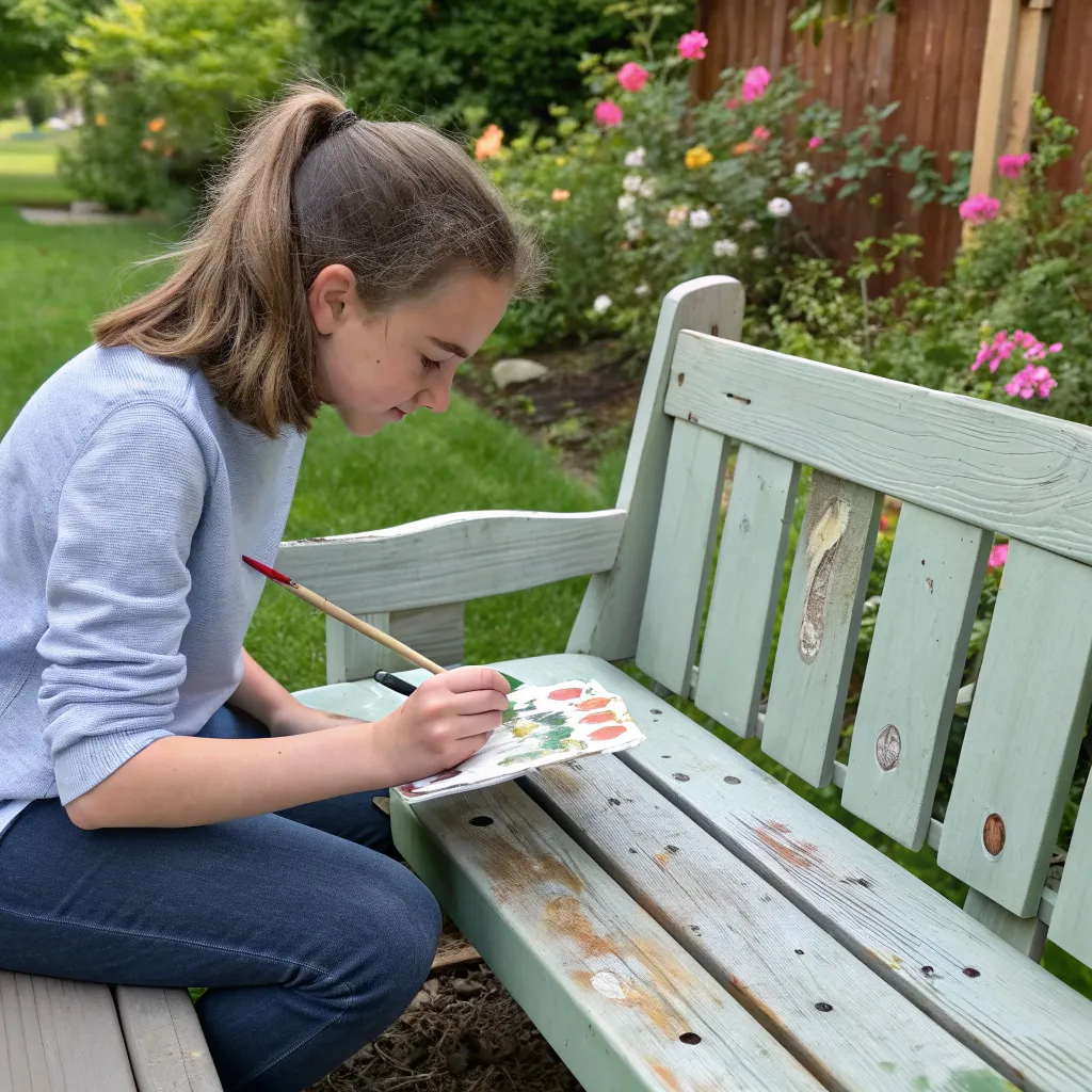 Sophia painting a recycled wood bench