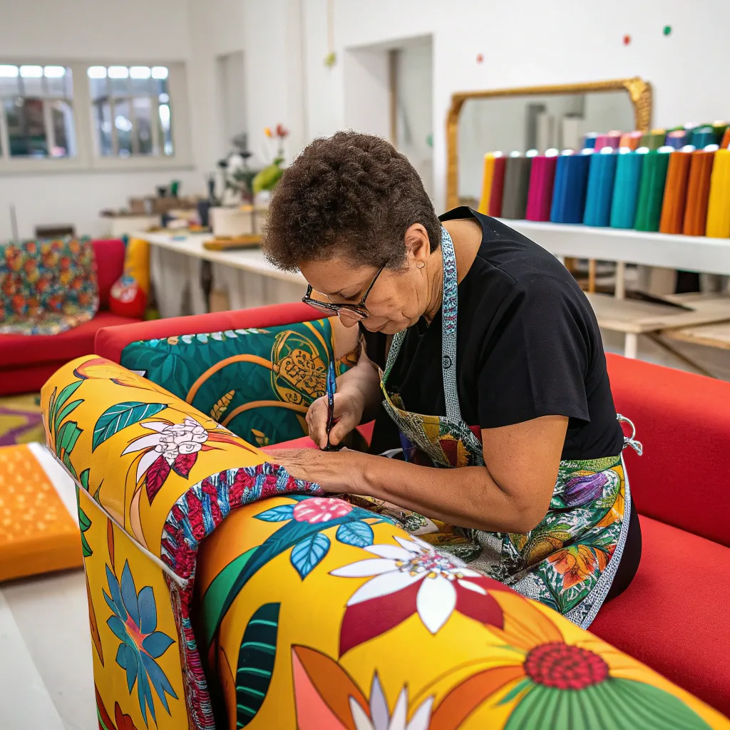 A person working on upholstery with vibrant fabrics