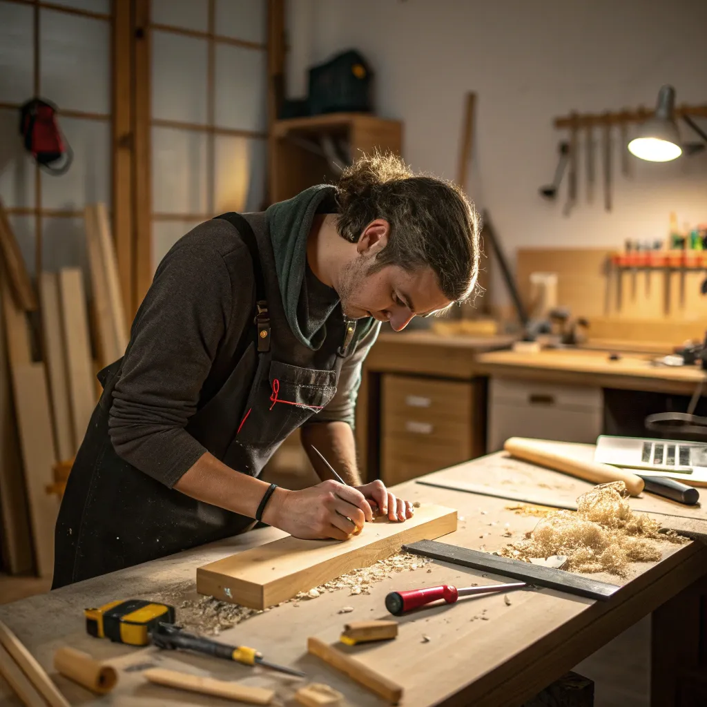 A person working on a wood project in a workshop
